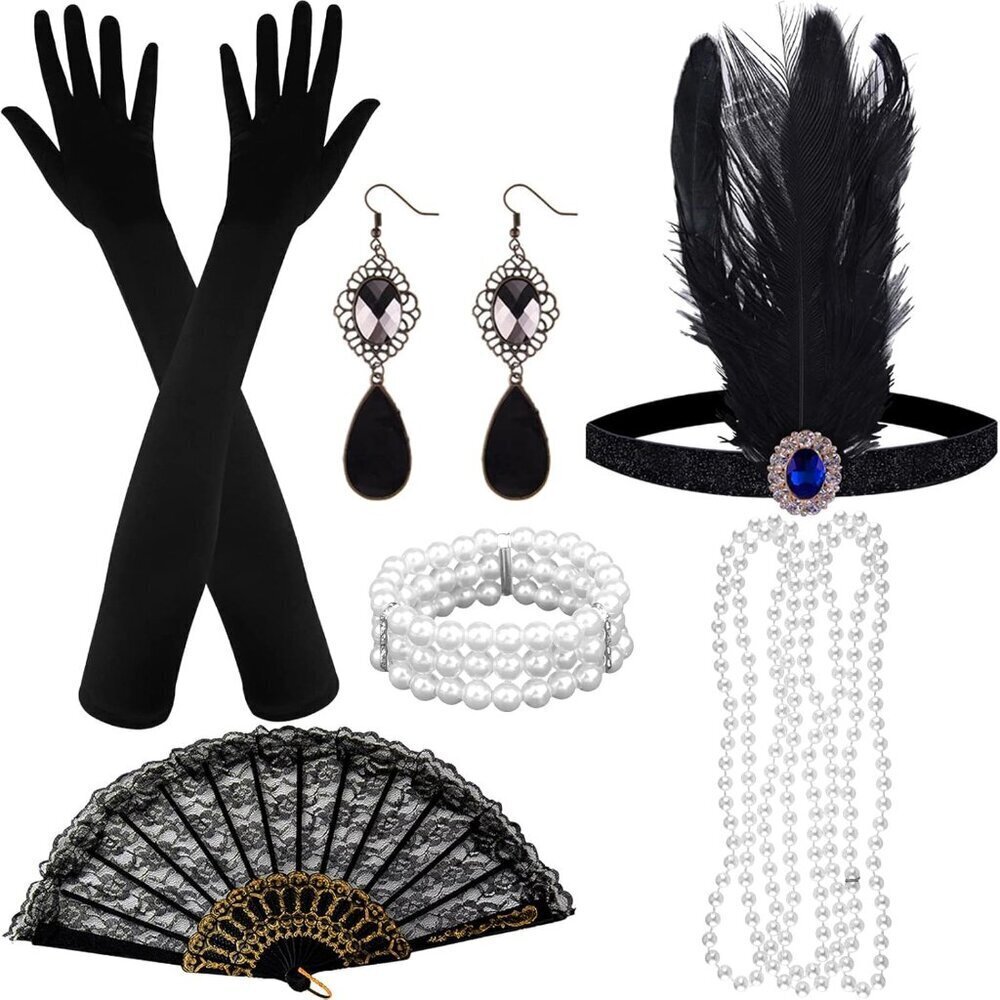 1920s Flapper Accessories Set Satin Feather Headpiece Gloves Pearl Necklace